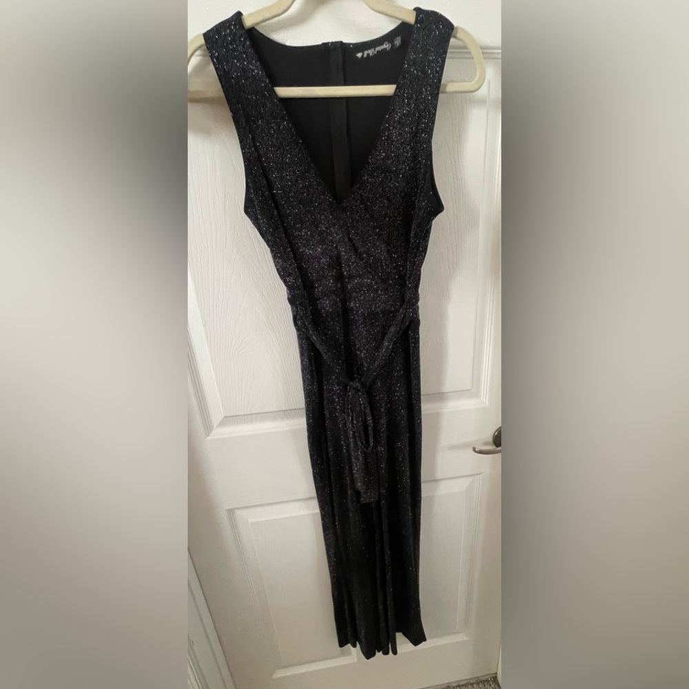 Crystal Doll Juniors' Black Glitter Knit Jumpsuit w/V-Neckline, Size 3